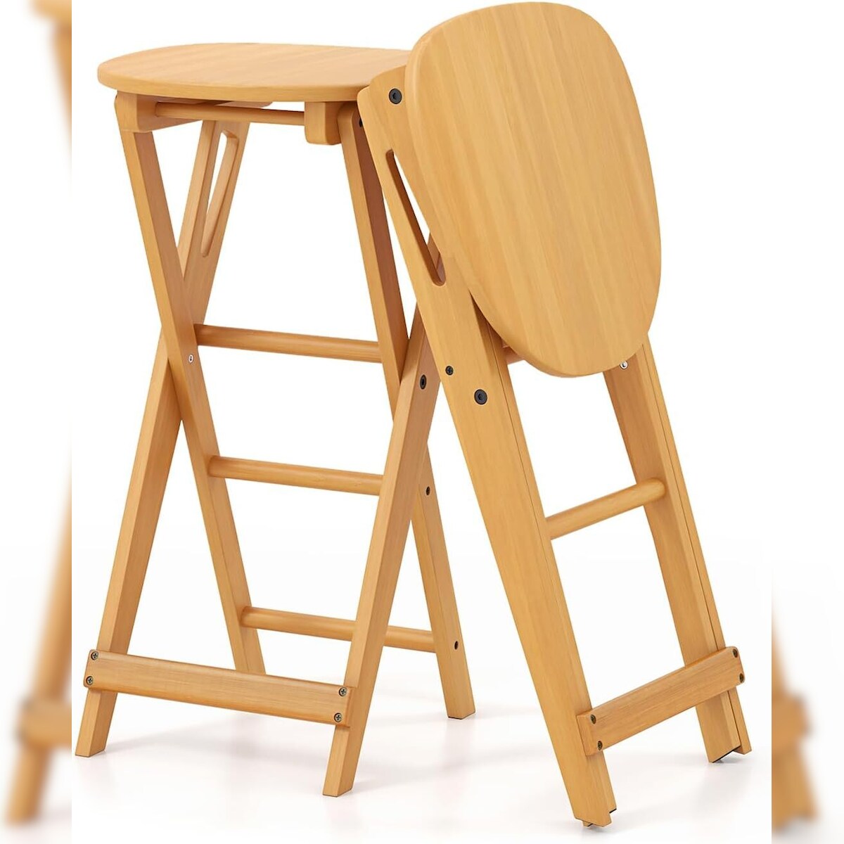 COSTWAY Set of 2 Folding Bar Stools Bamboo with Footrest, Kitchen Chair Seat Height 61 cm, Counter Stool Image