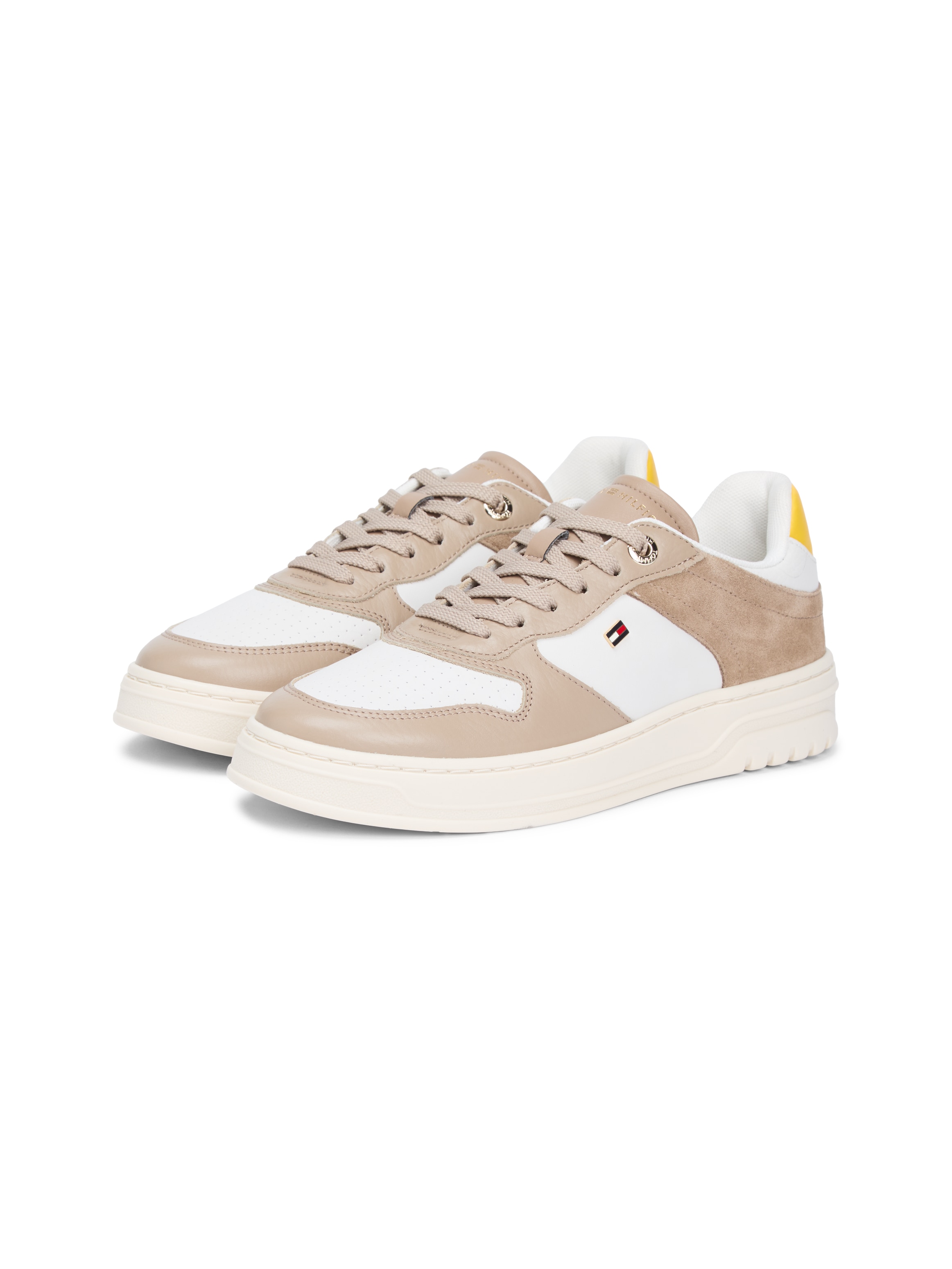 Plateausneaker TOMMY HILFIGER "TH SPORTY CUPSOLE TUMBLED LTR", Damen, Gr. 38, taupe, weiß, gelb, Leder, Schuhe Plateausneaker, Freizeitschuh, Halbschuh, Schnürschuh mit Kontrastbesätzen