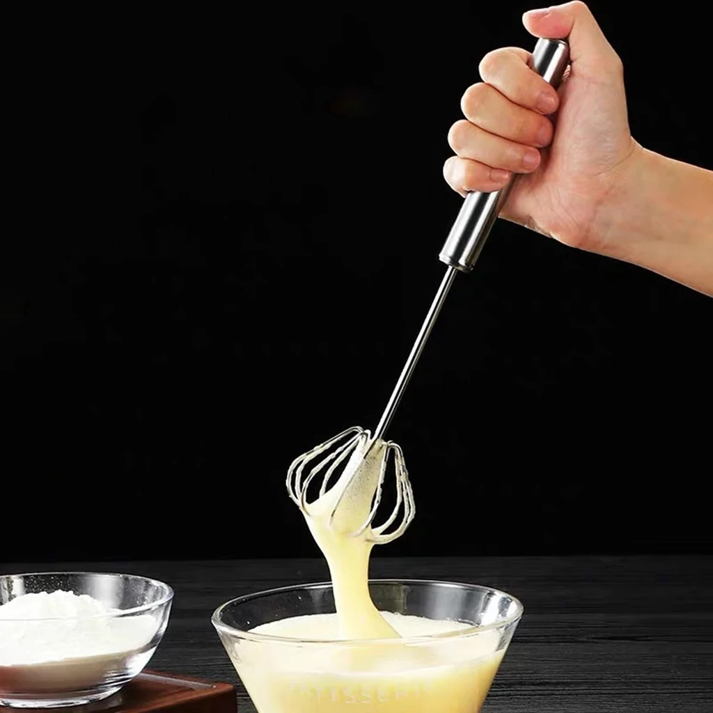 Frullino per le uova semiautomatico Frusta per uova in acciaio inossidabile 304 Miscelatore manuale manuale Agitatore per uova con rotazione automatica Utensili da cucina per uova