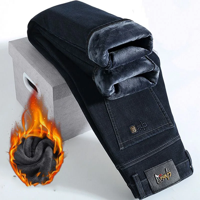 2025, Winter-Fleece-Jeans für Herren, warmer Samt, verdickt, lockere Denim-Hose, gerade, Business-Casual, Schwarz, Blau, klassische Hose Image