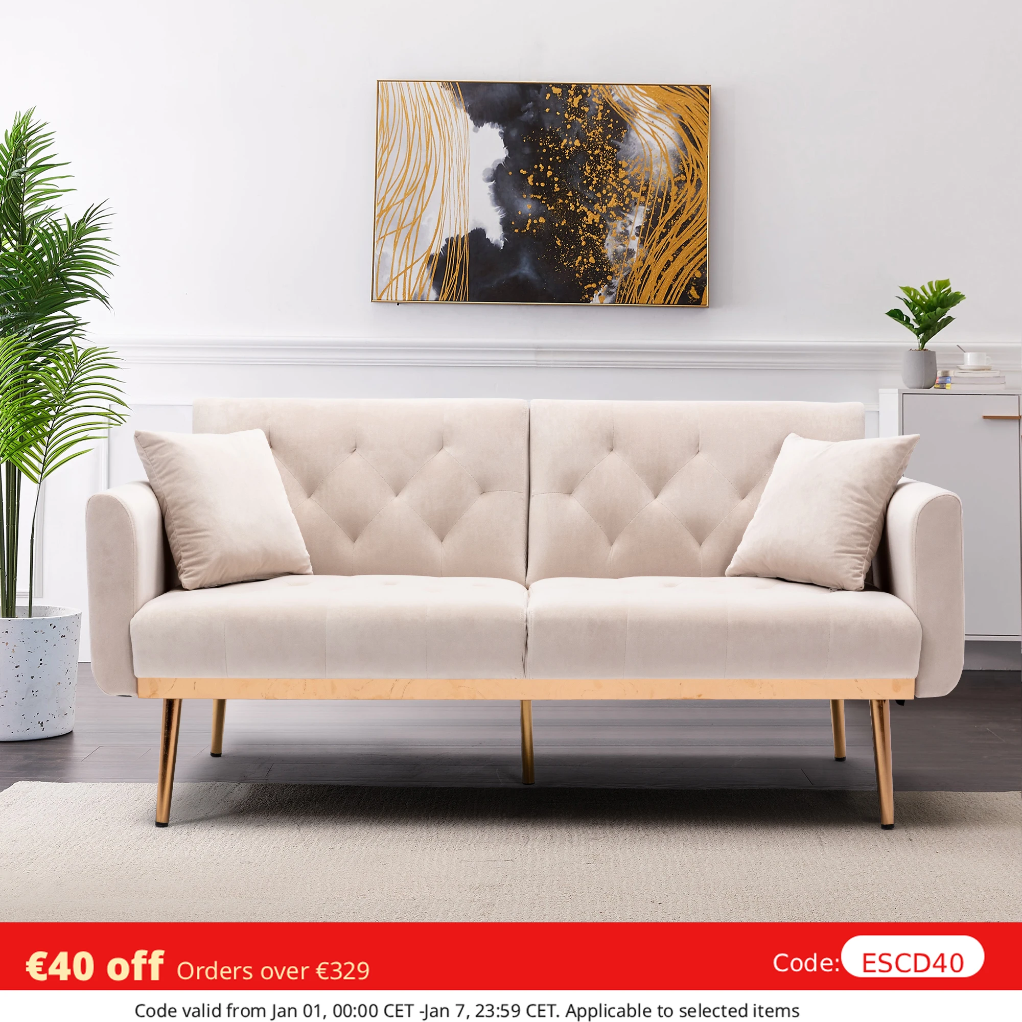 LVHOM Modernes 2-Sitzer-Sofa mit 2 Kissen, mittelgroßes Sofa mit verstellbarer Rückenlehne und Metallfüßen, geeignet für Wohnzimmer Image