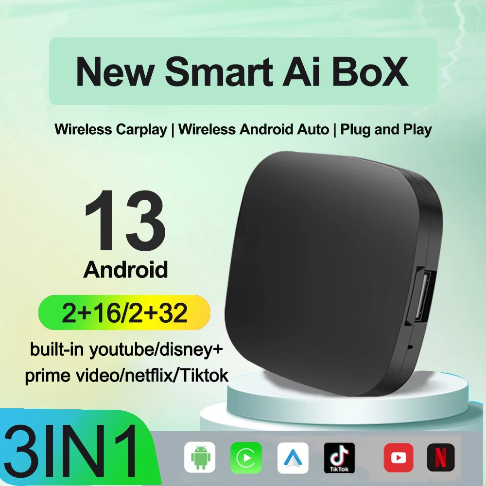 3-in-1 Android 13 AI Carplay Android Auto Wireless Adapter OEM verkabelt in Wireless CarPlay Box Fast Connect Netflix YouTube Image