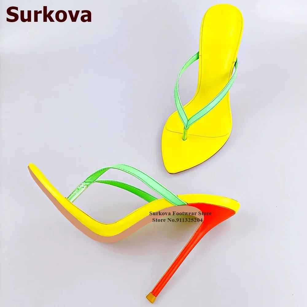 Surkova Rot Dünne High Heel Clip Toe Hausschuhe Gelb Grün Gemischte Farbe Patchwork Sommer Sandalen Slip-on Kleid Schuhe Größe 46