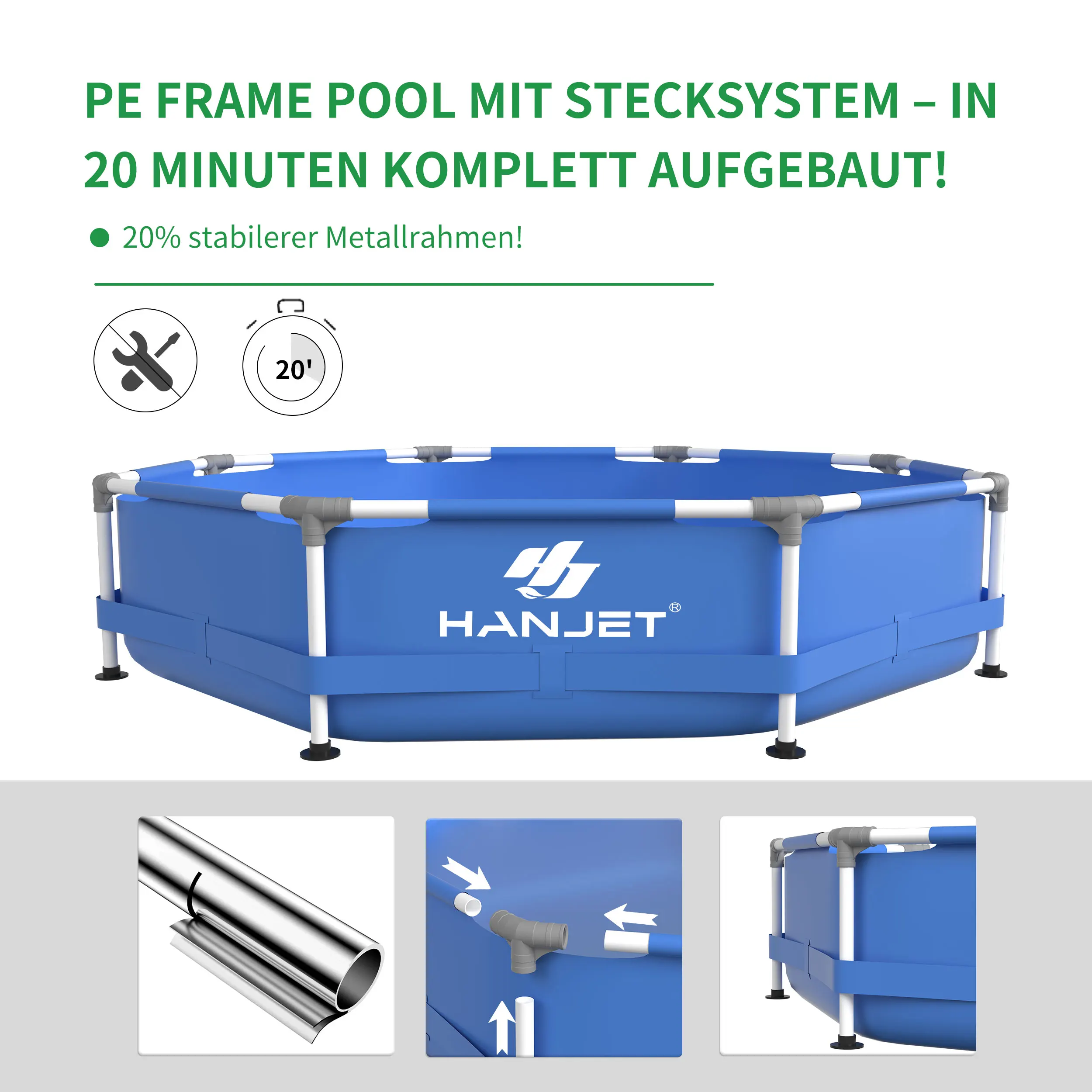 Hanjet Steel Frame Pool Rahmenpool PE Schwimmbecken Aufstellpool Gartenpool Sommer Swimingpool Stahlrahmenpool, rund, Blau Image