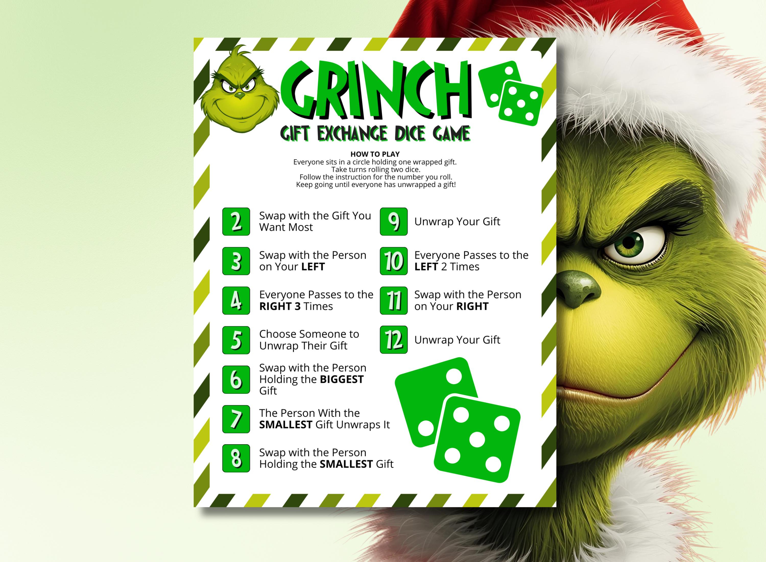 Gioco di scambio di regali con i dadi del Grinch stampabile / Gioco di Natale Passa il regalo / Divertente gioco di dadi per feste / Gioco per le vaca