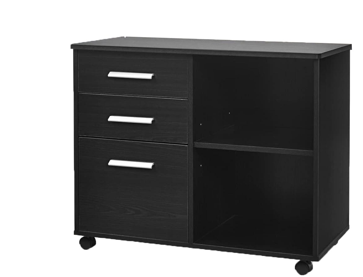 COSTWAY Rollcontainer mit 3 Schubladen, Mobiler Aktenschrank mit Rädern, Büroschrank, Druckerstander mit offenen Regalen Image