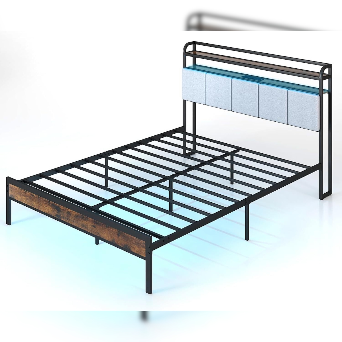 COSTWAY Bett mit LED-Beleuchtung und Ladestation, Doppelbett mit gepolstertem Kopfteil, 2-stufiger Stauraum Image