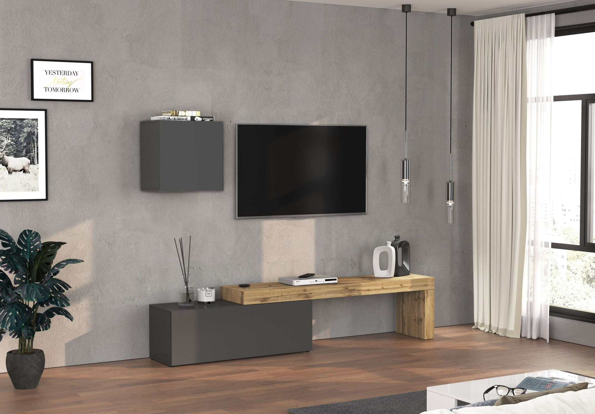 TV-Wand OTTO HOME "Chronos TV-Set, Wohnwand – Elemente frei platzierbar, Made in Italy", anthrazit, eiche wotan, B:240cm H:190cm T:40cm, Kastenmöbel-Sets, Lowboard Breite 240 cm, Hängeschrank Breite 50 cm, Made in Italy Image