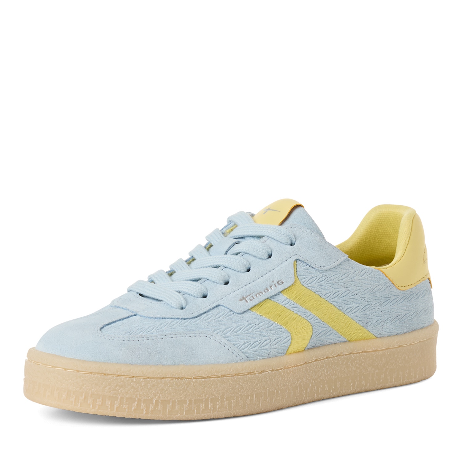 Plateausneaker TAMARIS, Damen, Gr. 40, hellblau, gelb, Lederimitat, Veloursleder, unifarben mit Farbeinsatz, Schuhe Plateausneaker, Schnürschuh, Halbschuh, Freizeitschuh mit gepolstertem Schaftrand