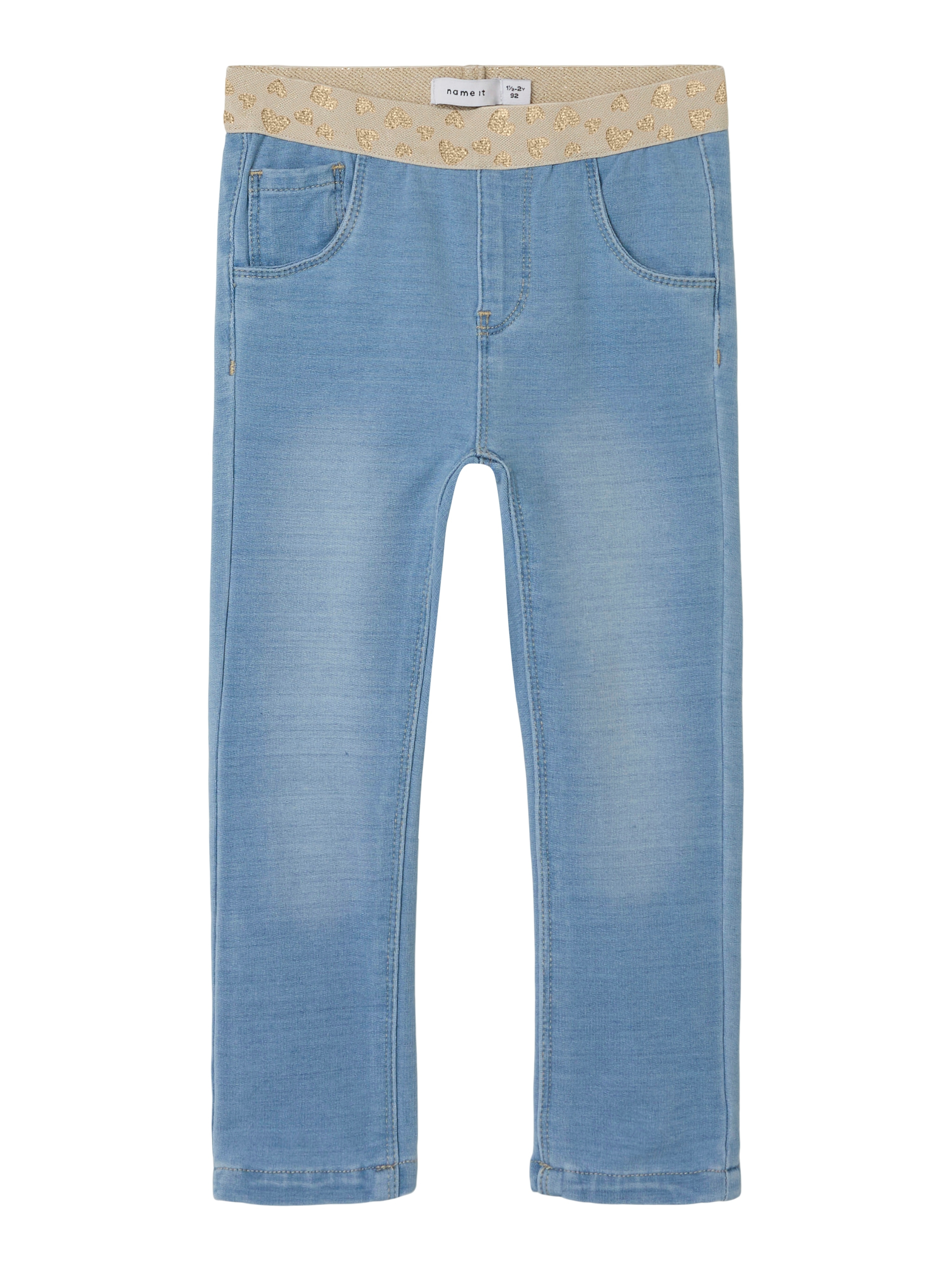 Jeansleggings NAME IT "NMFSALLI SLIM SWE JEANS 1190-BO NOOS", Mädchen, Gr. 116, N-Gr, light blau denim, Sweatware, Obermaterial: 95% Baumwolle, 5% Elasthan, kontrastfarbene Details, leichte Abriebeffekte, unifarben, slim fit lang, Jeans