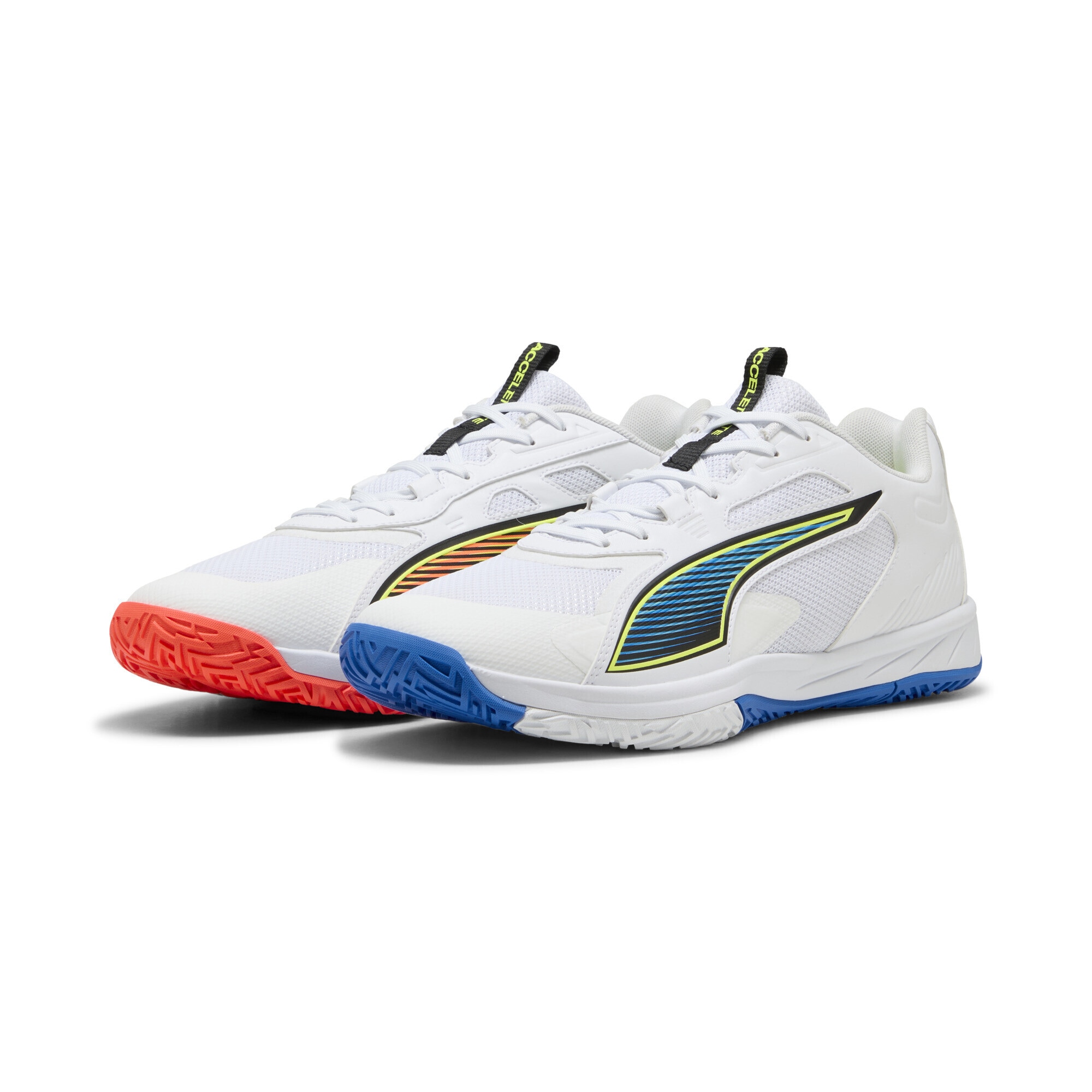 Sneaker PUMA "Accelerate Pro 4 Game On Handballschuhe Erwachsene", Damen, Gr. 44, weiß glowing rot ultra blau, Obermaterial: Synthetik, Textil; Futter: Textil; Innensohle: Textil; Laufsohle: Gummi, Synthetik, Schuhe Sneaker