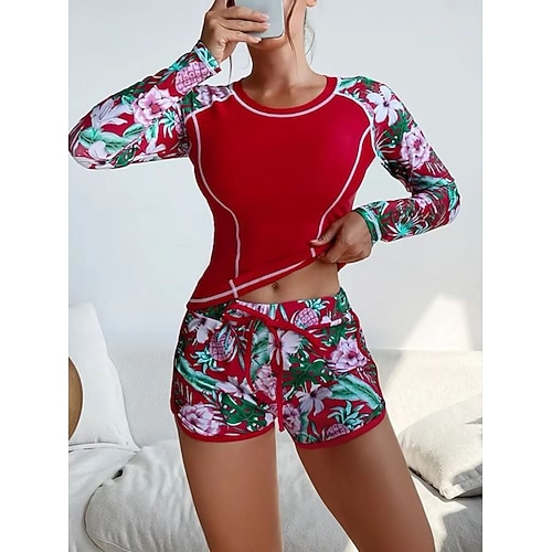 Damen Tankini 2-teiliges Badeanzug Palm Rash Guard Shorts Bauchkontrolle Hohe Taille Slim Rückenfrei Urlaub Strandbekleidung Florales Rundhals Langarm Badeanzüge Image