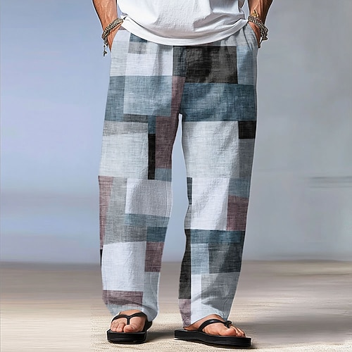 Herren Geometrisch Karomuster Farbblock Hose Baggy-Hosen Freizeithose Mittlere Taille Mode Heim Outdoor Urlaub Elastischer Kordelzug in der Taille Leinenähnliche Hose mit Taschen Sommer Frühling Image