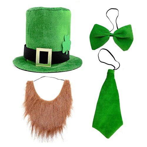 Party-Accessoire-Set zum St. Patrick's Day, bestehend aus einem grünen Samtzylinder, einem falschen Bart, einer Fliege und einer Krawatte. Unisex-Accessoires im irischen Stil für Teenager und Image
