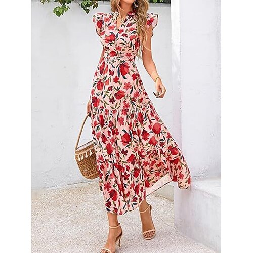 Damen Maxikleid A Linie Kleid Unterkleid Urlaub Lässig Outdoor Ausgehen Normale Passform Blumen Grafik Ärmellos V Ausschnitt Blau Rosa Rote Himmelblau Sommer Frühling Image