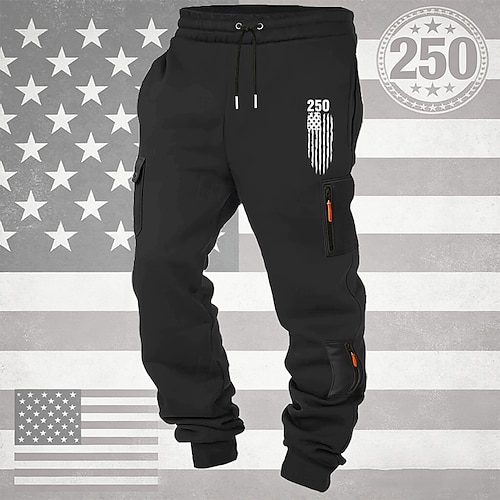 Herren Cargo-Jogginghose Jogginghose Hose Kordelzug Tasche Elastischer Bund Nationalflagge Komfort Atmungsaktiv Täglich Outdoor Amerikas 250. Jahrestag Urlaub Mode Schwarz Weiß Mikroelastisch Image