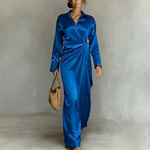 Damen Midikleid schwarzes kleid Elegantes Kleid Elegant Vintage Mode Täglich Outdoor Büro Normale Passform Einfach Langarm Hemdkragen Blau Schwarz Rote Purpur Sommer Frühling Image