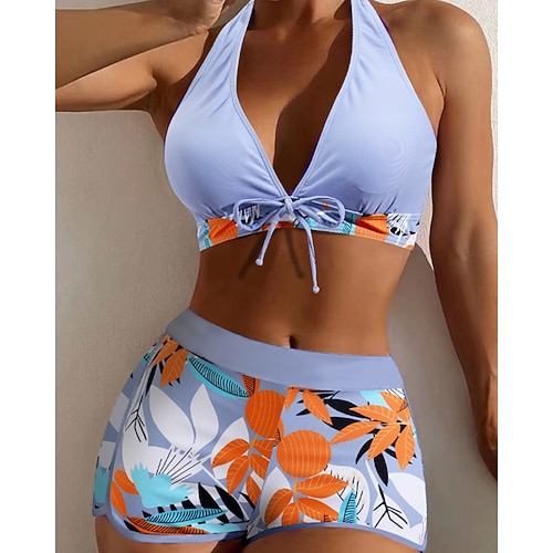 Damen Badeanzug Bikini Zweiteilig Shorts Bademode Patchwork Rückenfrei Urlaub Strandbekleidung Blumen Neckholder Ärmellos Badeanzüge Image