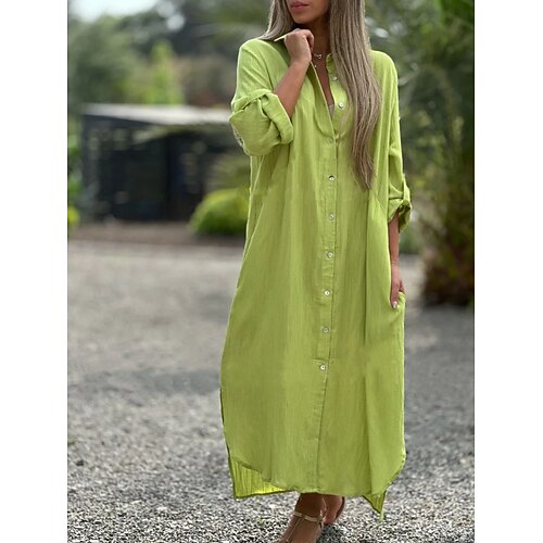 Damen Baumwolle Leinen Maxi Kleid Shift Kleid Lässig Täglich Loose Fit Einfarbig Lange Ärmel Revers Blau Schwarz Weiß Hellgrün Frühling Herbst Image