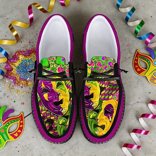 Herren Mardi Gras thematische Slipper-Bootsschuhe - Lebendige lila und grüne Maskerade-Muster-Schuhe leichter Komfort für Karnevalsumzüge Festivalausflüge legere Zusammenkünfte und Themenpartys Image