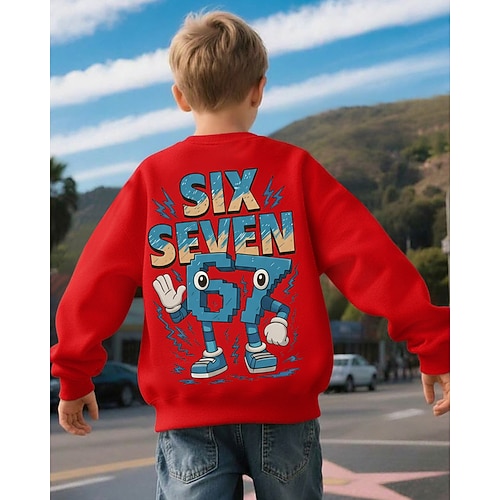 Unisex Jungen 3D Grafik Lustiger Slang 67 Sweatshirt Pullover Langarm 3D-Druck Frühling Herbst Aktiv Mode Streetwear Kinder 4-12 Jahre Rundhalsausschnitt Lässig Täglich Outdoor Normale Passform Image