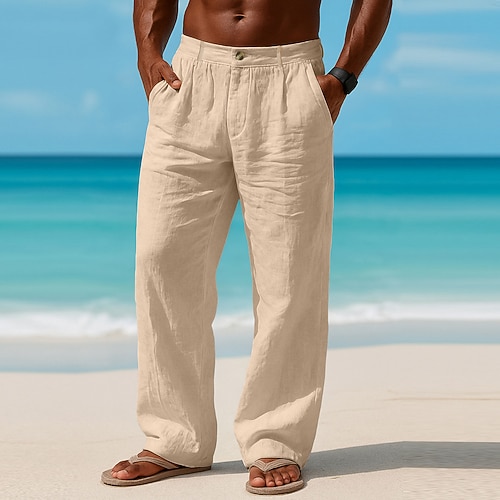 Herren Leinenhosen Hose Sommerhose Baggy-Hosen Strandhose Tasche Elastischer Bund Einfach Komfort Atmungsaktiv Täglich Outdoor Strand Urlaub Mode Schwarz Weiß Image