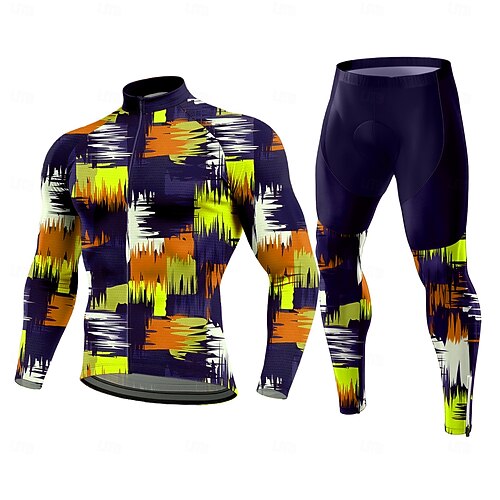 Herren Radtrikot mit Hose Radtrikot Langarm Winter Herbst Gelb Rote Grün Grafik Geometrisch Gemustert Fahhrad Thermowarm 3D-Polster Schnelltrocknend Anatomisches Design UV-beständig Sport Bekleidung Image