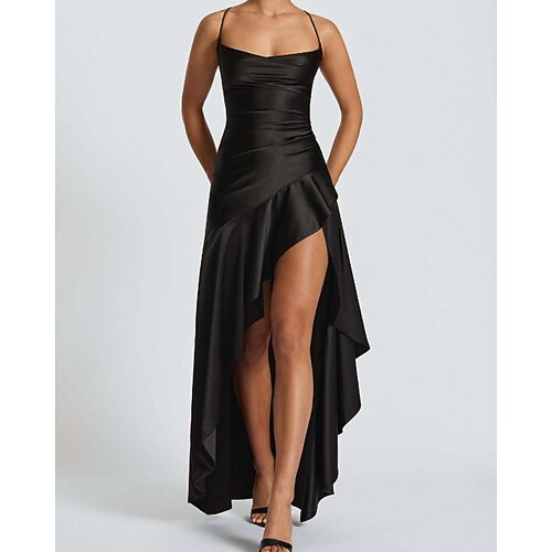 Damen Langes Kleid Maxikleid Satinkleid Abschlusskleid Partykleid Cocktailkleid Elegant Modern Abendgesellschaft Party Besonderer Anlass Schlank Einfach Ärmellos Neckholder Magenta Schwarz Rosa Wein Image