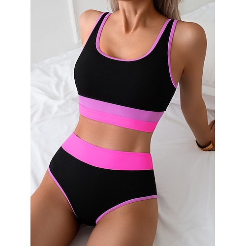 Damen Bikini 2-teiliges Badeanzug Farbblock Slips Bauchkontrolle Hohe Taille Slim Rückenfrei Urlaub Strandbekleidung Blätter U Neck ärmellos Badeanzüge Image