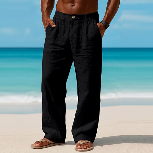 Herren Leinenhosen Hose Sommerhose Baggy-Hosen Strandhose Tasche Elastischer Bund Einfach Komfort Atmungsaktiv Täglich Outdoor Strand Urlaub Mode Schwarz Weiß Image