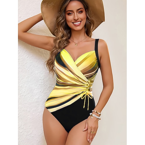 Damen Einteiliger Badeanzug Schlankmachend Rüschen Briefs Elegant Urlaub Grafik Geometrisch V-Ausschnitt Ärmellose Badeanzüge Image