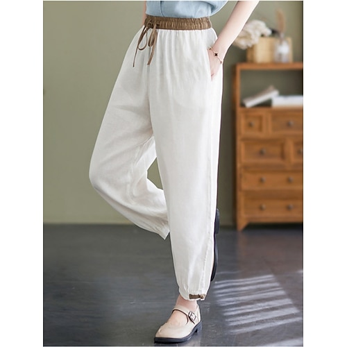 Damen Hose aus Baumwollleinen Hose Sommerhose Baggy-Hosen Urlaub Basic Lässig Volle Länge Hohe Taille Einfach Kordelzug Tasche Elastischer Bund Weich Bequem Atmungsaktiv Mikroelastisch Strand Ferien Image