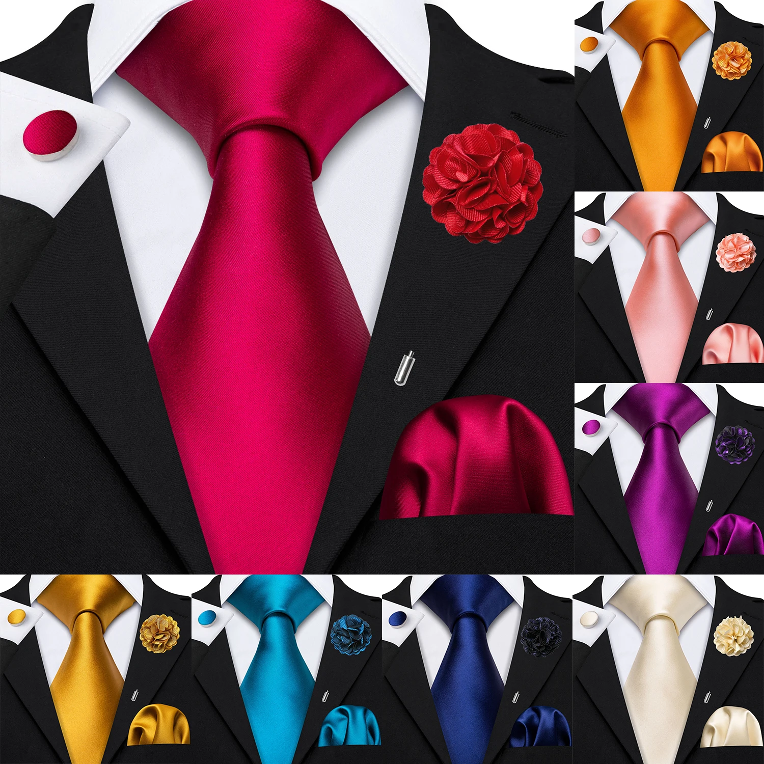 Barry.Wang Solide Herren Krawatte Taschentuch Manschettenknöpfe Brosche Set Jacquard Plain Krawatte Corsage Für Männliche Hochzeit Party Events Image
