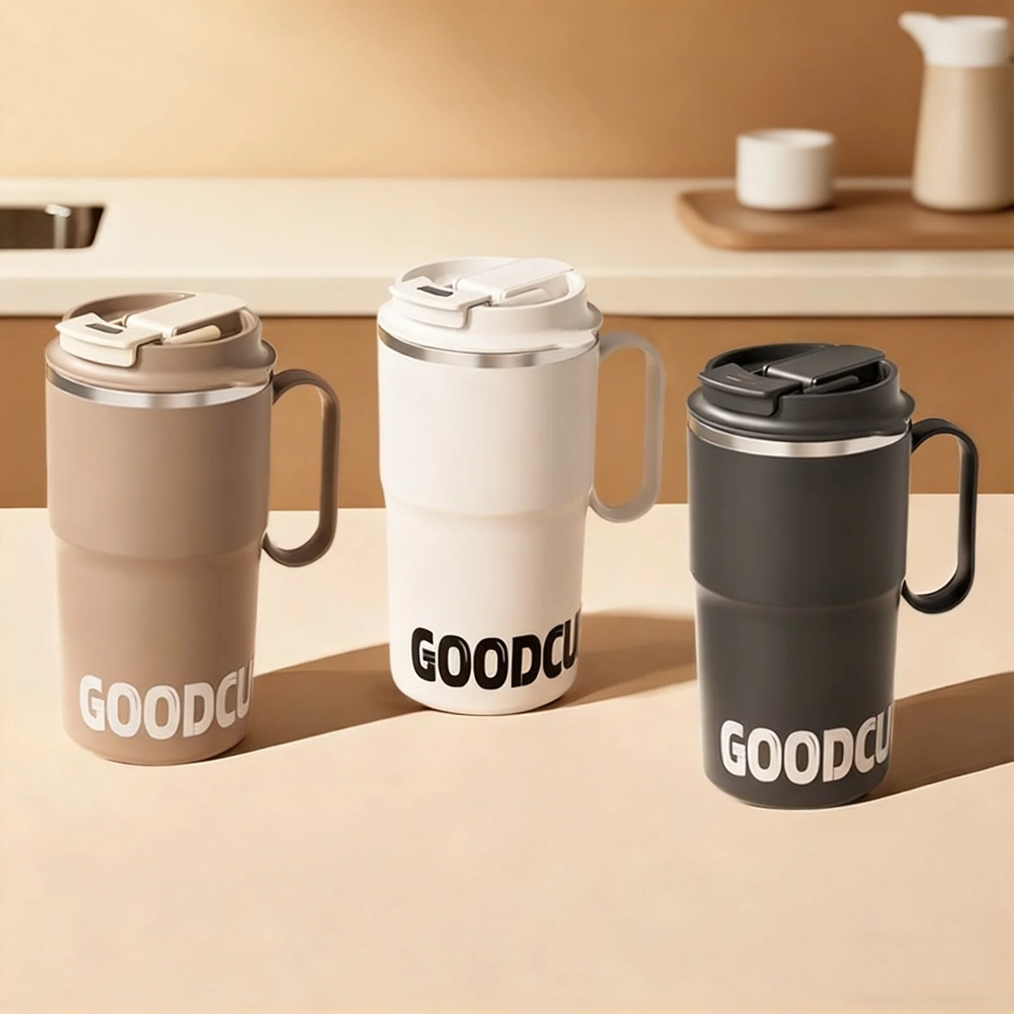 WORTHBUY Doppelwandiger isolierter Becher aus Edelstahl 304, mit Griff und Strohhalm, tragbar, große Kapazität, Thermo-Wasserbecher, Kaffeetasse Image