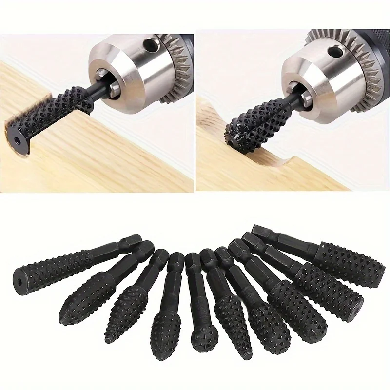 10Pcs Rotary Grat Raspel Set Holz Carving Datei Raspel Bohrer Bits 1/4'' Hex Schaft Rotary Raspel Datei set Fit für DIY Holzbearbeitung Holz P Image