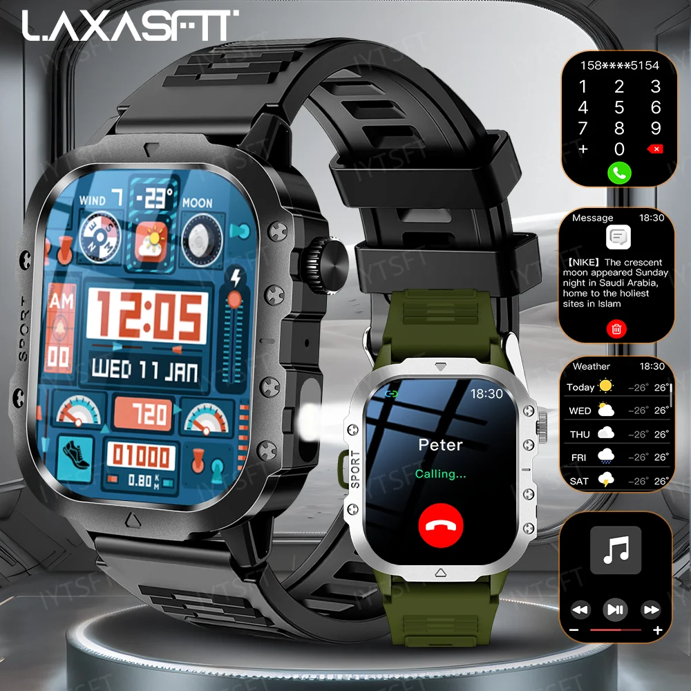 LAXASFIT 2025 Nuovo Militare Astuto Della Vigilanza Degli Uomini di Sport All'aria Aperta Inseguitore di Fitness Monitoraggio Della Salute 2.01 Pollici Chiamate Bluetooth Smartwatch