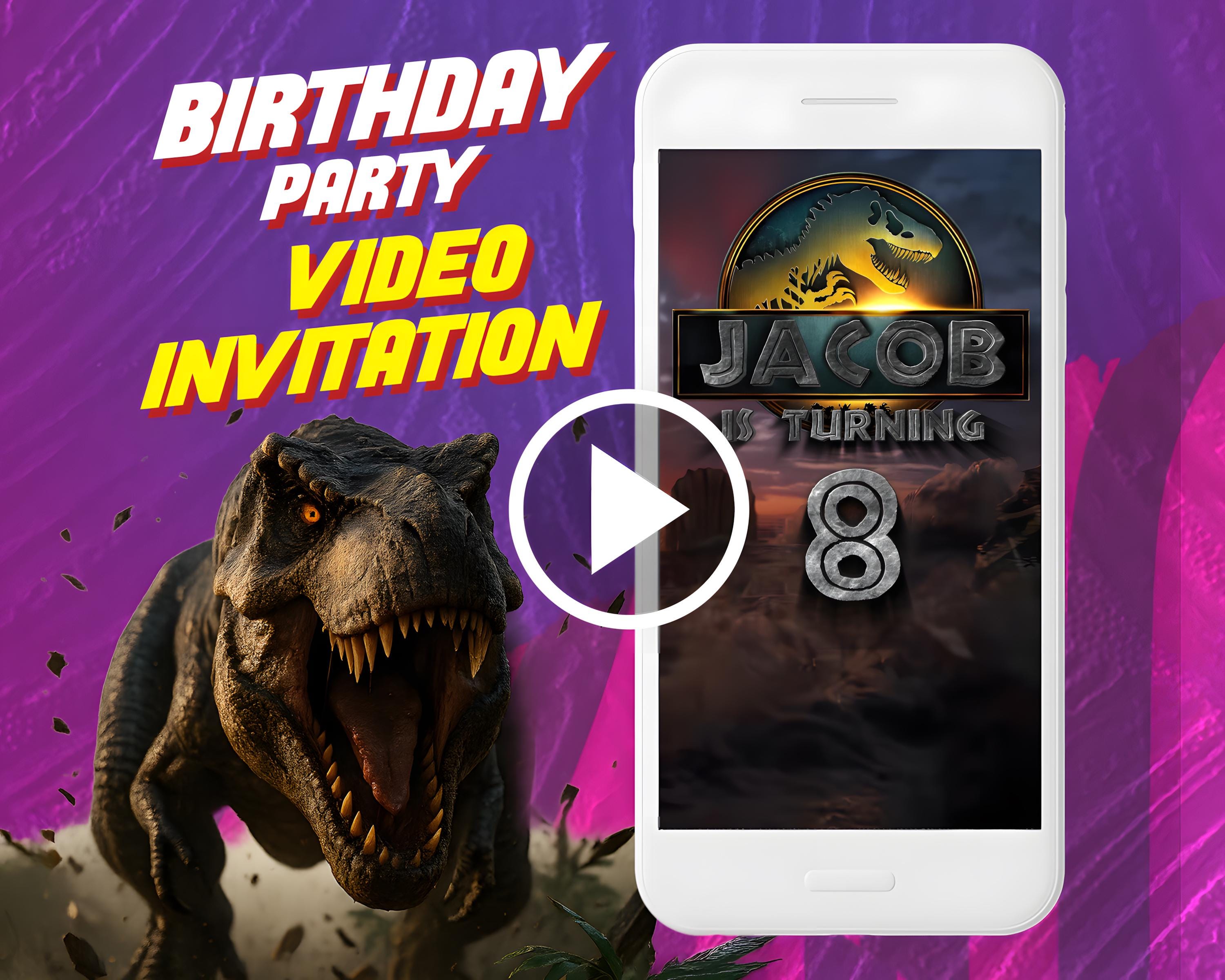 Invito video per la festa di compleanno di Jurassic World Rebirth, invito animato digitale sui dinosauri per dispositivi mobili