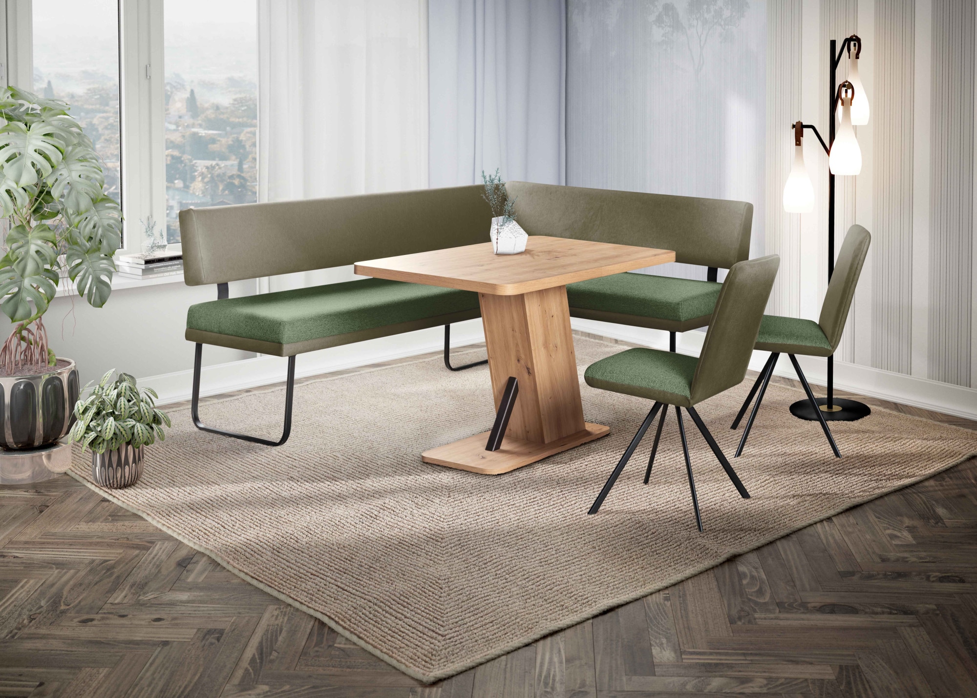 Eckbankgruppe OTTO HOME "Gabi Essecke, Sitzgruppe, Eckbankgruppe, Küchenbankgruppe", dunkelgrün, grün, schwarz, B:214cm H:87cm T:164cm, MDF, Massivholz, Metall, Polyester, Spanplatte, Sitzmöbel-Sets, Eckbankgruppe, Gestell aus matt-schwarzem...