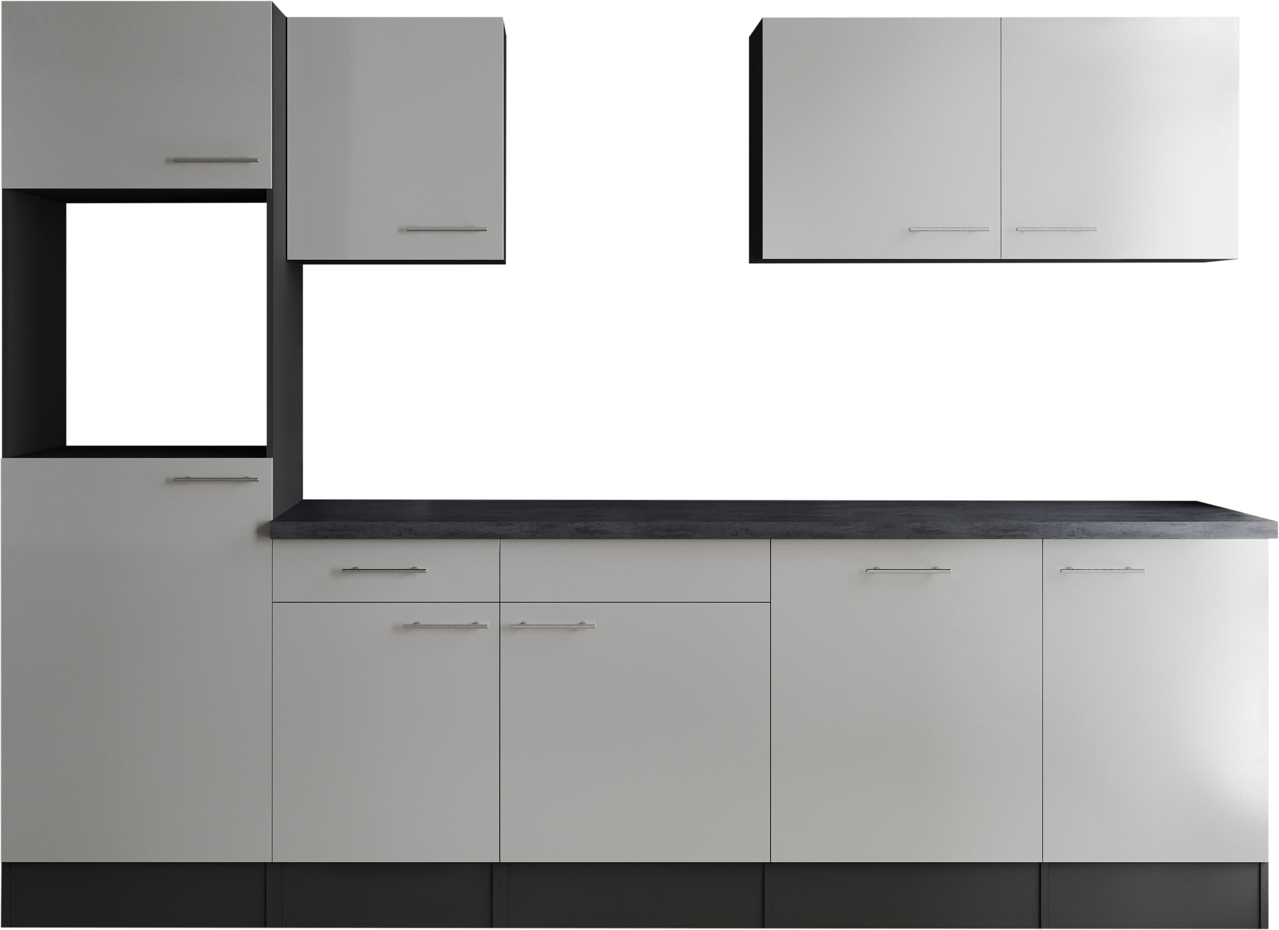 Küchenzeile RESPEKTA, küche: weiß, front: weiß, korpus: grau matt, arbeitsplatte: granit optik, B:280cm H:205cm T:60cm, Komplettküchen-Sets, Küchenzeile
