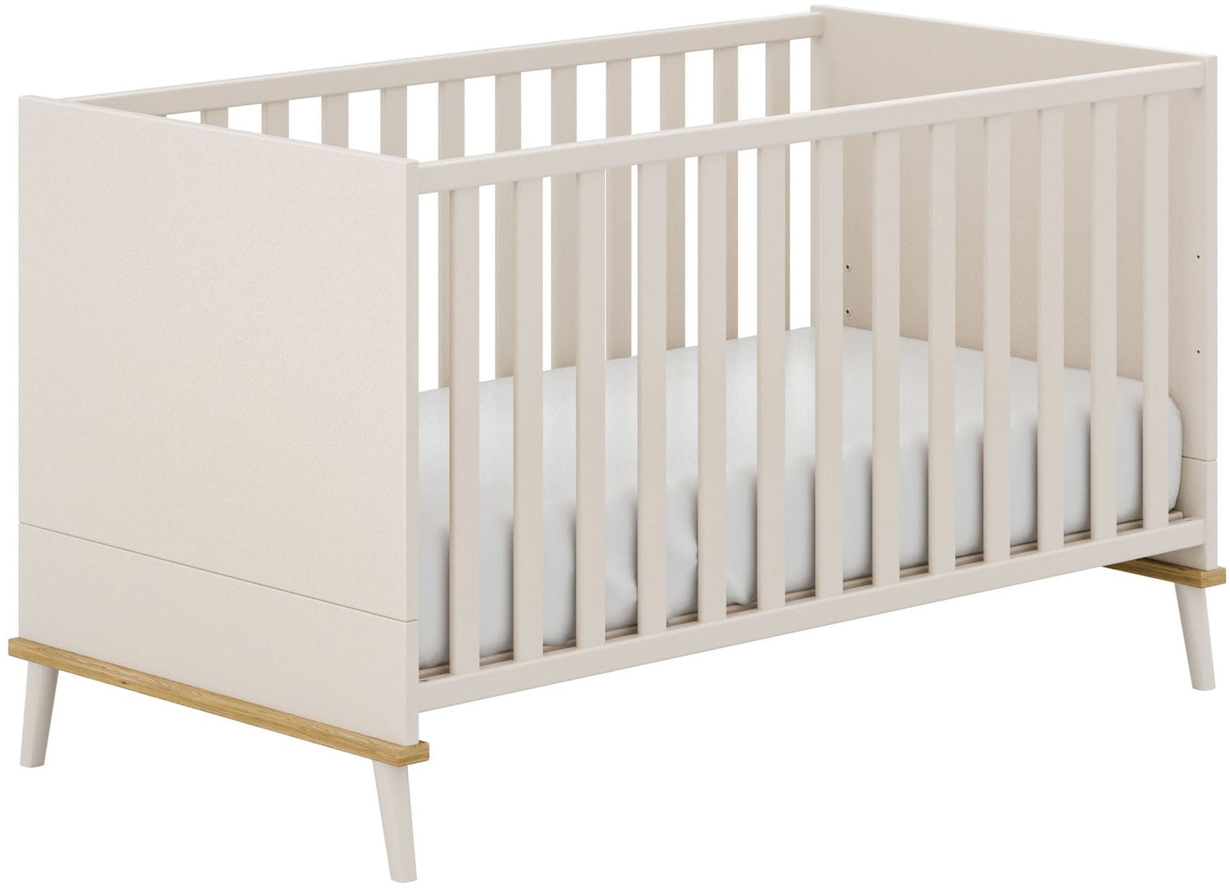 Babybett YUNY BY PAIDI "HAZEL 70x140cm in Beige, umbaubares Kinderbett mit Massivholz", cashmere, beige, eiche, montana, B:146cm H:85cm T:77cm, Massivholz, Spanplatte, Babybetten, Babybett, Gitterbett 4-fach höhenverstellbar, entnehmbare Sprossen,...