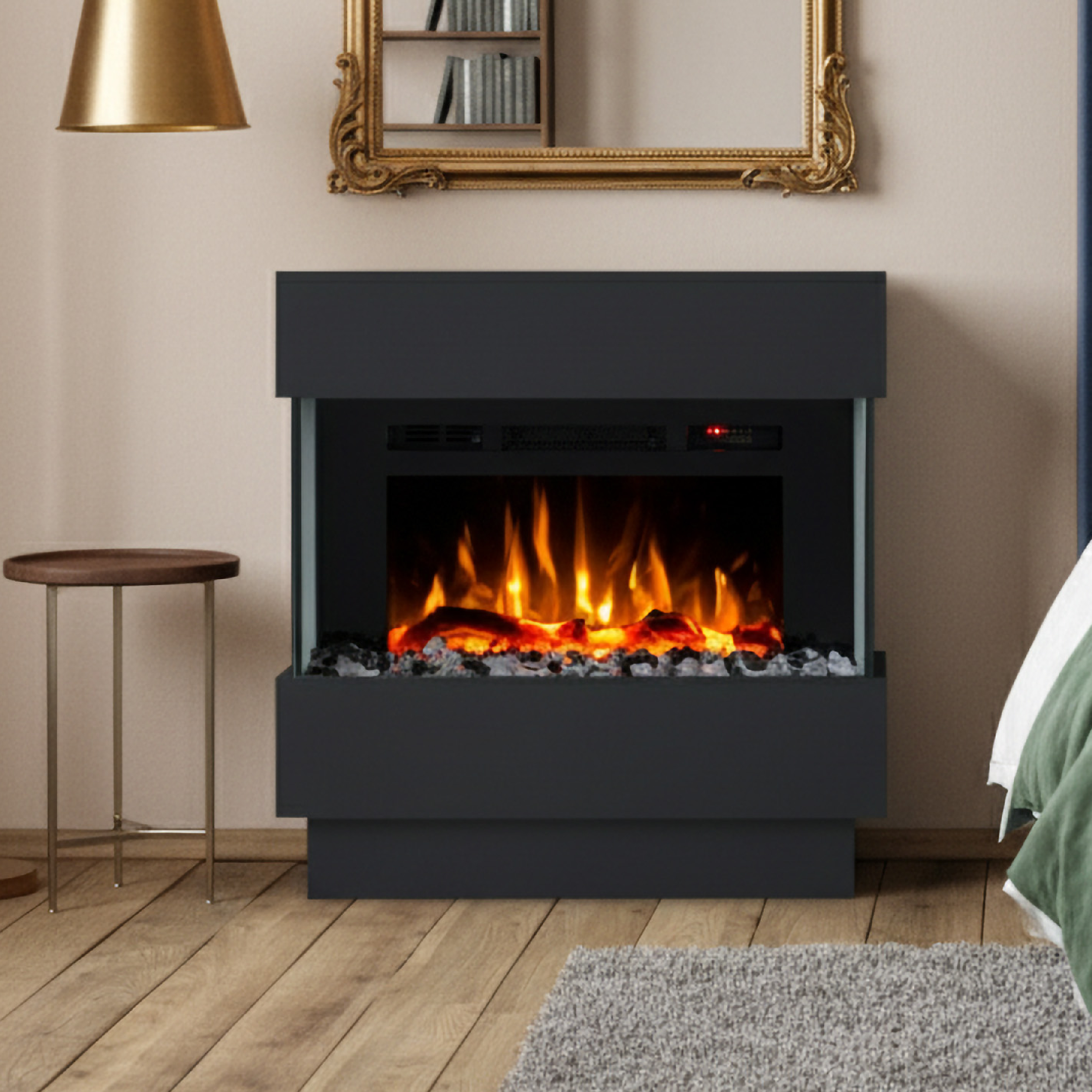 Noble Flame LIMA Standkamin [moderner Design Elektrokamin]: Schwarz - mit schwarzen Acrylsteinen