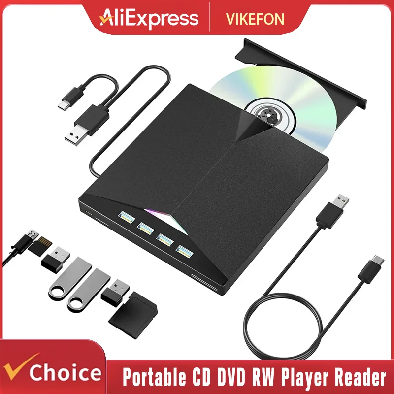 7-in-1 externes CD/DVD-Laufwerk USB3.0 Typ-C Tragbarer CD-DVD-RW-Player Lesebrenner für Laptop PC Windows mit SD-TF-Kartensteckplätzen Image
