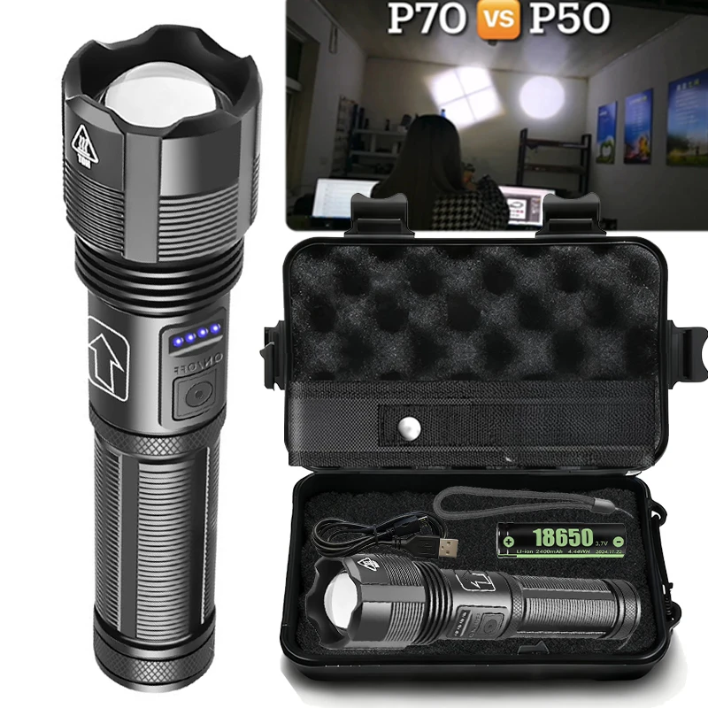 Hochleistungs-wiederaufladbare XHP50/P70 taktische Taschenlampe, Teleskop-Zoom-Taschenlampe aus Aluminiumlegierung für Outdoor-Camping, Angeln Image