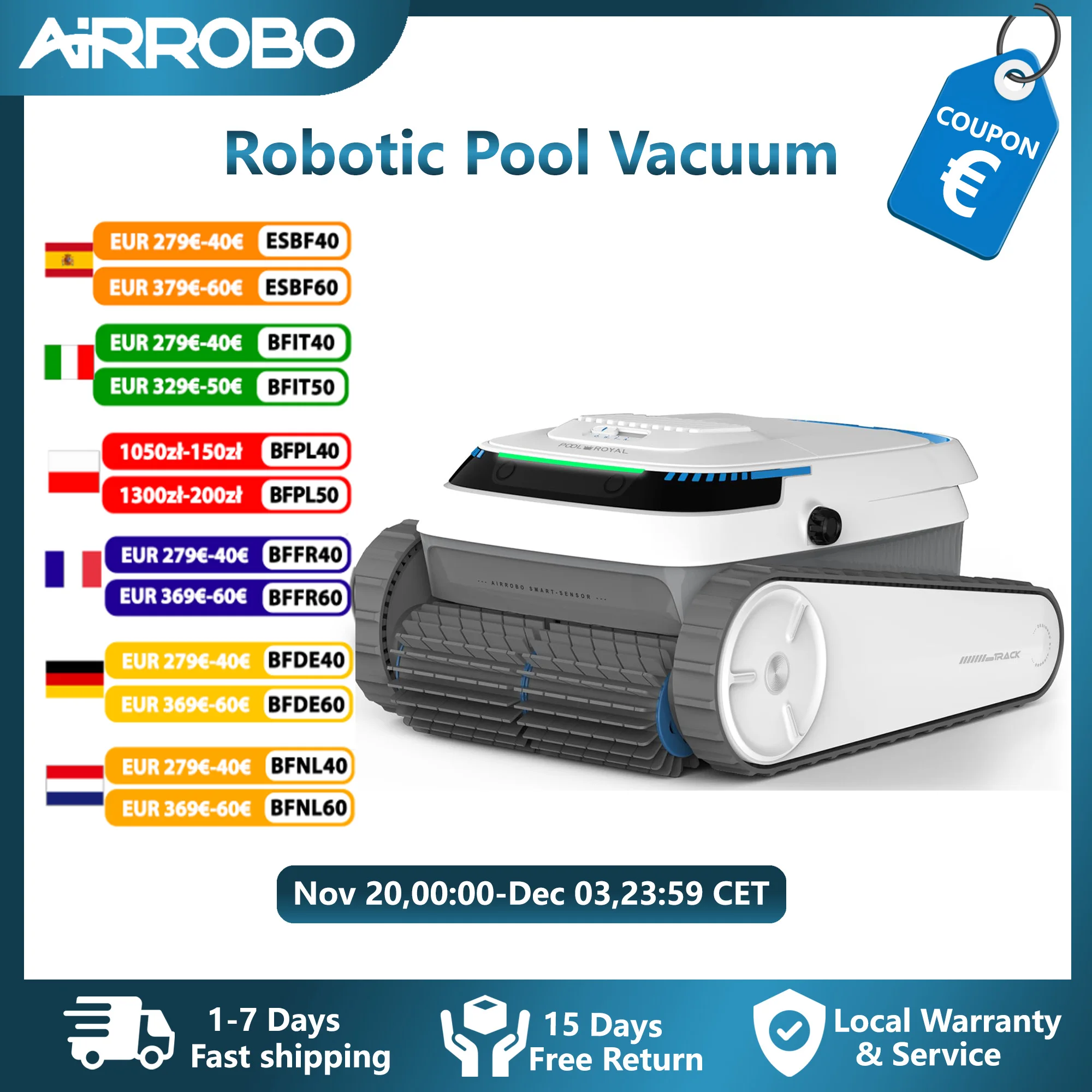 AIRROBO TBPC20 Robot aspirateur de piscine pour piscine creusée, nettoyeur de piscine de navigation intelligent, nettoyeur de piscine d'escalade murale, autonomie de 120 minutes