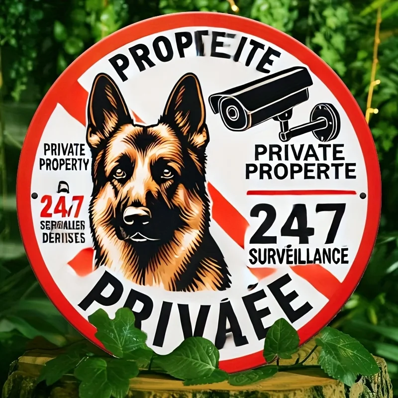2D Flat – Ein Vintage-Metallschild, das den privaten Eigentum anzeigt, mit einem deutschen Schäferhund und einer Überwachungskamera, die 19 messen Image