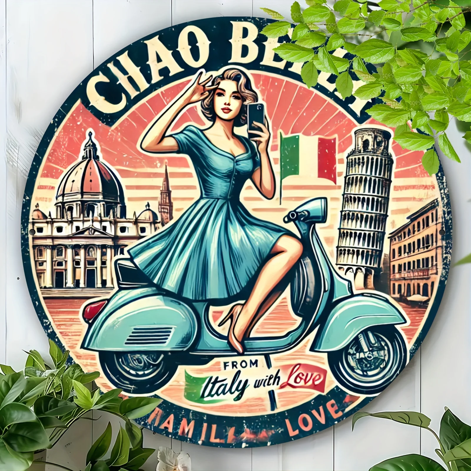 Charming Italian Love 20,3 x 20,3 cm runde Aluminium-Wandkunst – perfekt für Heim- und Bürodekoration, langlebiges Metallschild, ideal für Wohnzimmer, Image