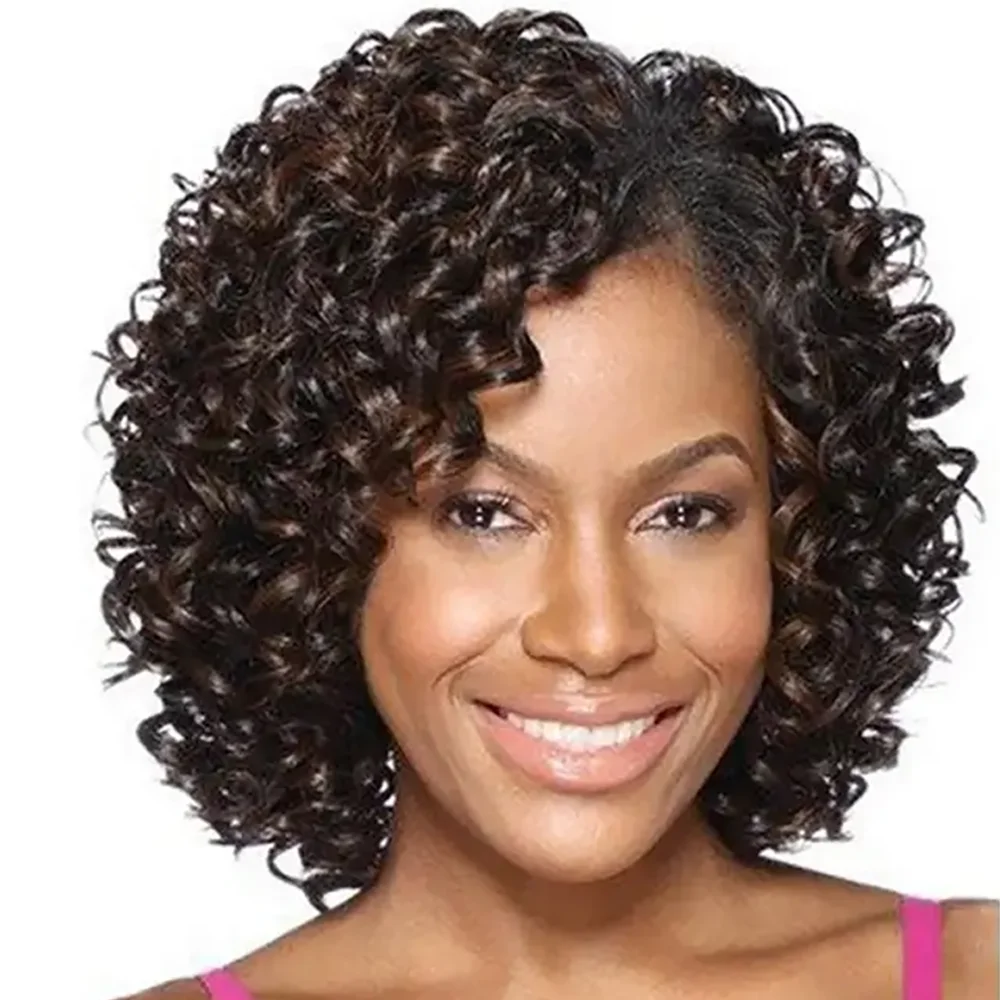 Natürlich aussehende synthetische lockige Afro-Perücke für Damen, verworrene Locken, verbessertes Haarteil, kurz, braun, flauschig, federnd, mit Pony Image