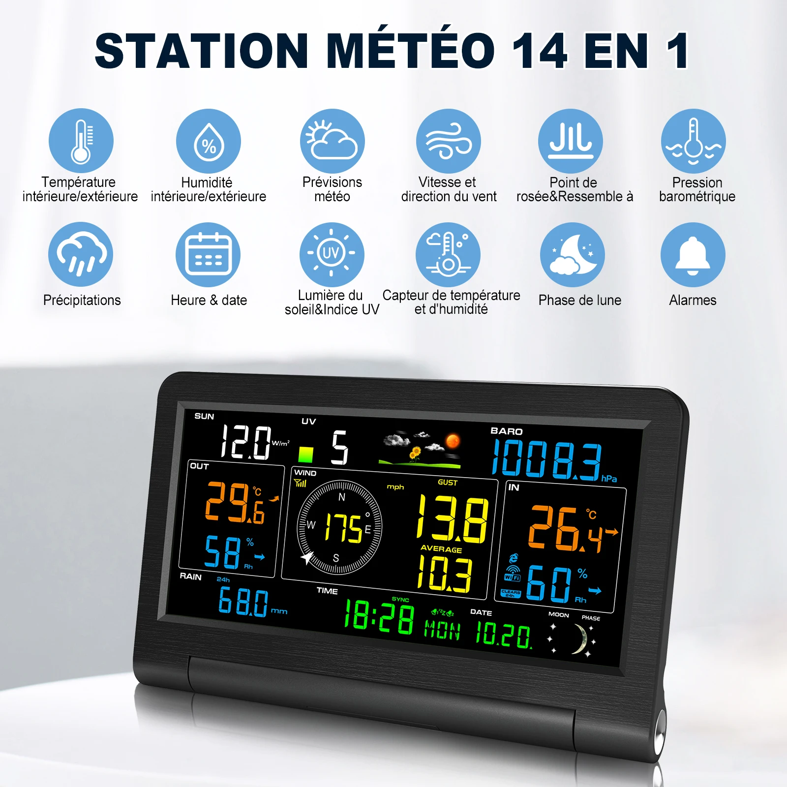 Hub de capteur météo 14 en 1, Station météo WiFi sans fil précise avec moniteurs de prévision, vent/pluie/UV/température/humidité pour la maison