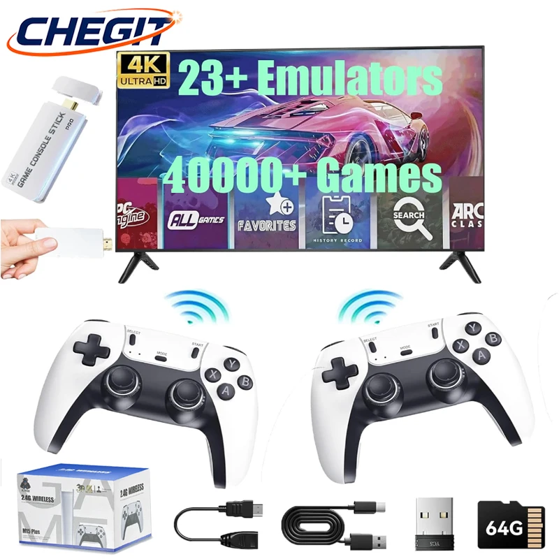 CHEGIT 4K M15 40000 + jeux rétro Stick Mini Console de jeu vidéo rétro Console de jeu portable contrôleur de manette de jeu sans fil intégré