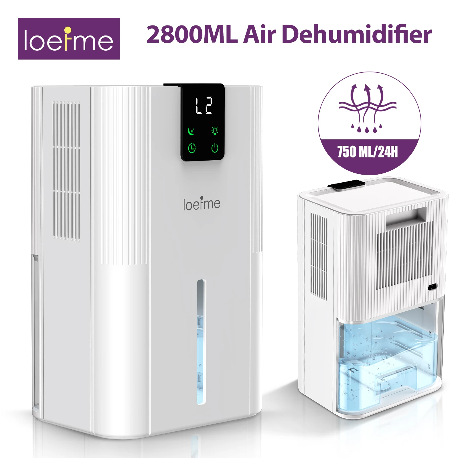 LOEFME 2,8 l Luftentfeuchter Smart Home 750 ml/24 Stunden Luftentfeuchter Feuchtigkeitsabsorber mit Touch-Display, LED-Licht, automatisches Abtauung Image